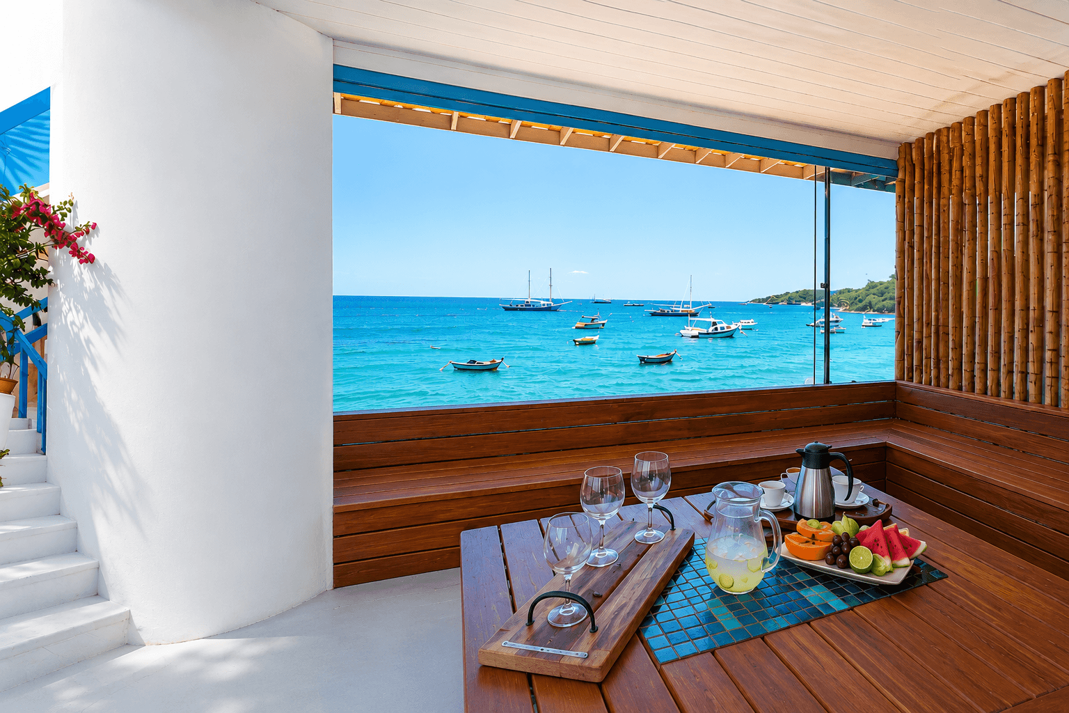 Vista da varanda da pousada com mar de Búzios ao fundo